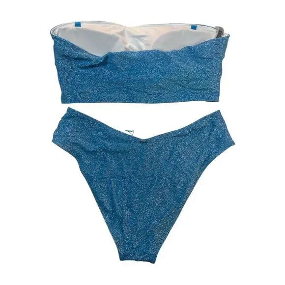 PINK 3 Piece Swim Size L Large Blue Shimmer NWOT Summer Swim Bathing Suit - Picture 4 of 10